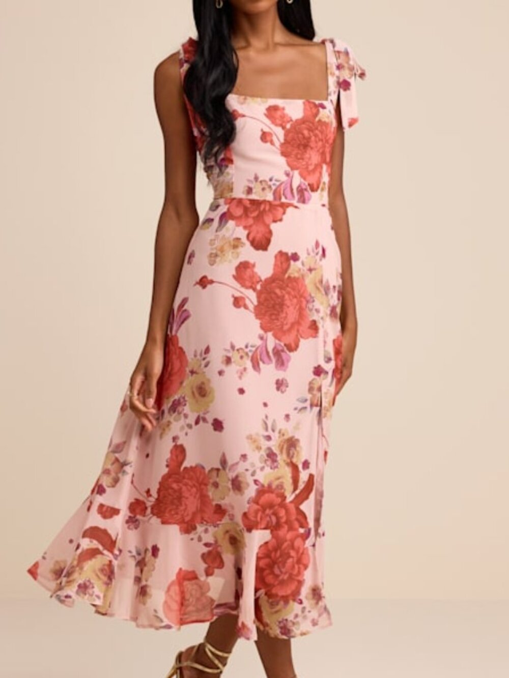 Lulus Summer Invite Blush Pink Floral Tie-strap Tiered Midi Dress - Size L